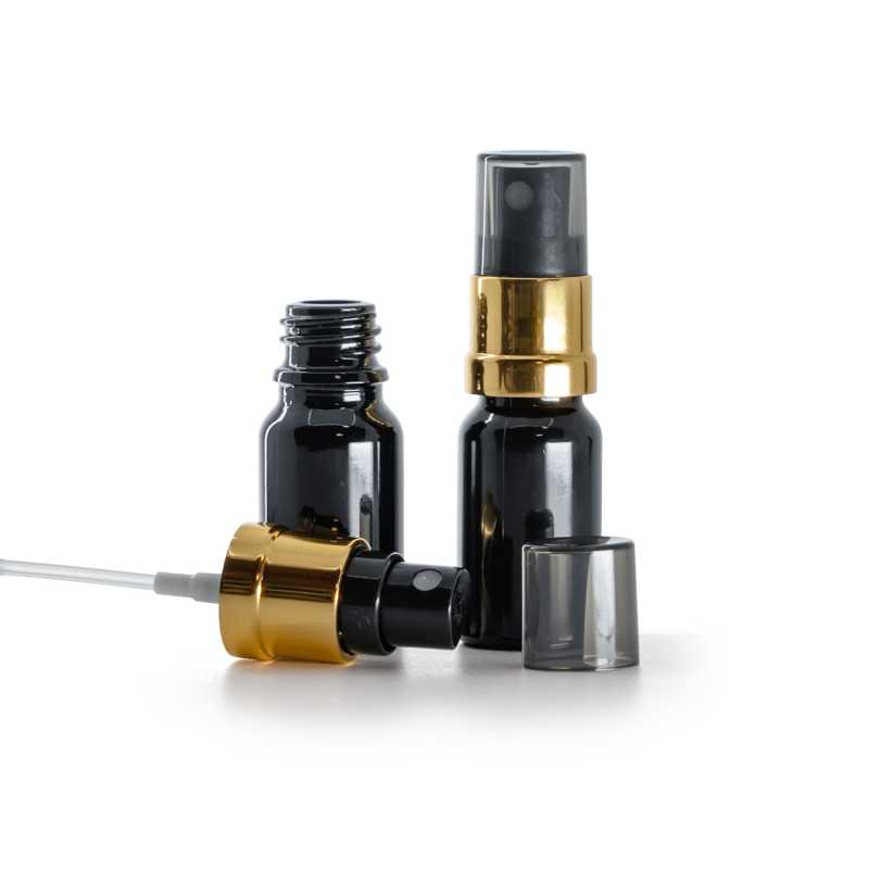 Frasco de vidrio negro brillante, pulverizador negro y dorado con sobretapa ahumada, 10 ml