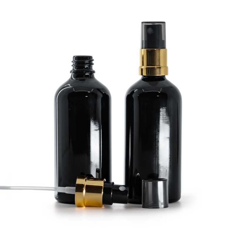 Frasco de vidrio negro brillante, pulverizador negro y dorado, sobretapa ahumada, 100 ml
