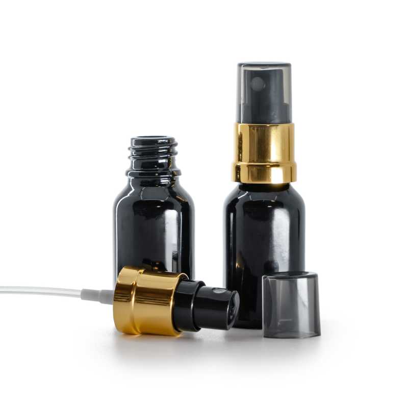 Frasco de vidrio negro brillante, pulverizador negro y dorado con sobretapa ahumada, 15 ml