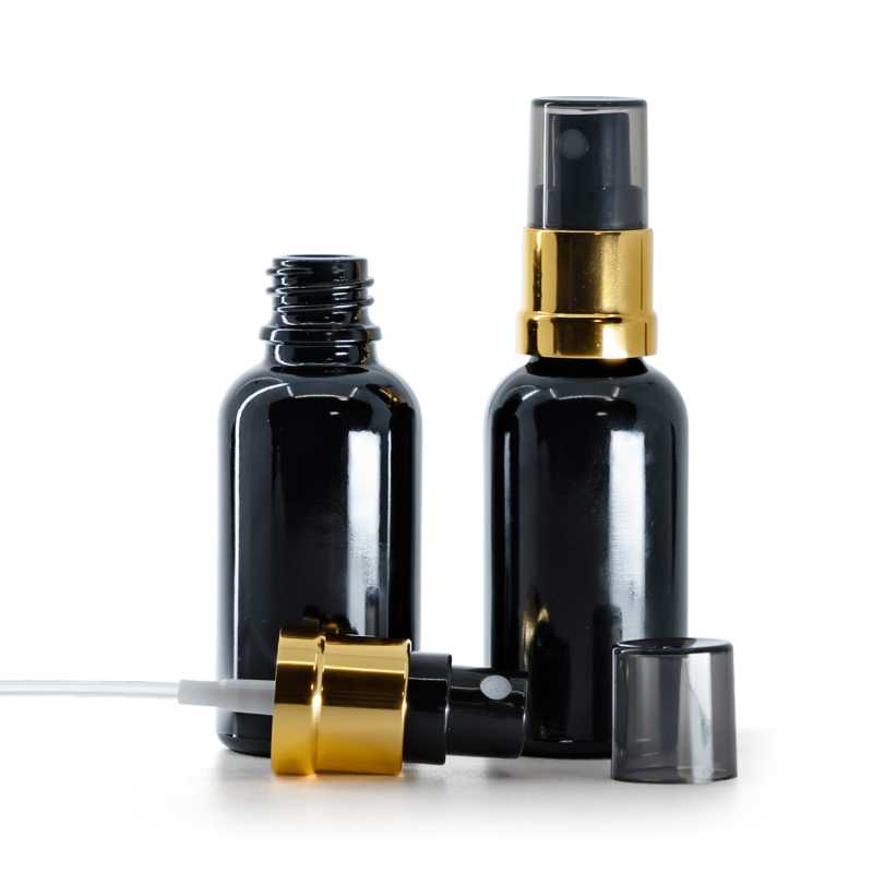 Frasco de vidrio negro brillante, pulverizador negro y dorado, sobretapa ahumada, 30 ml