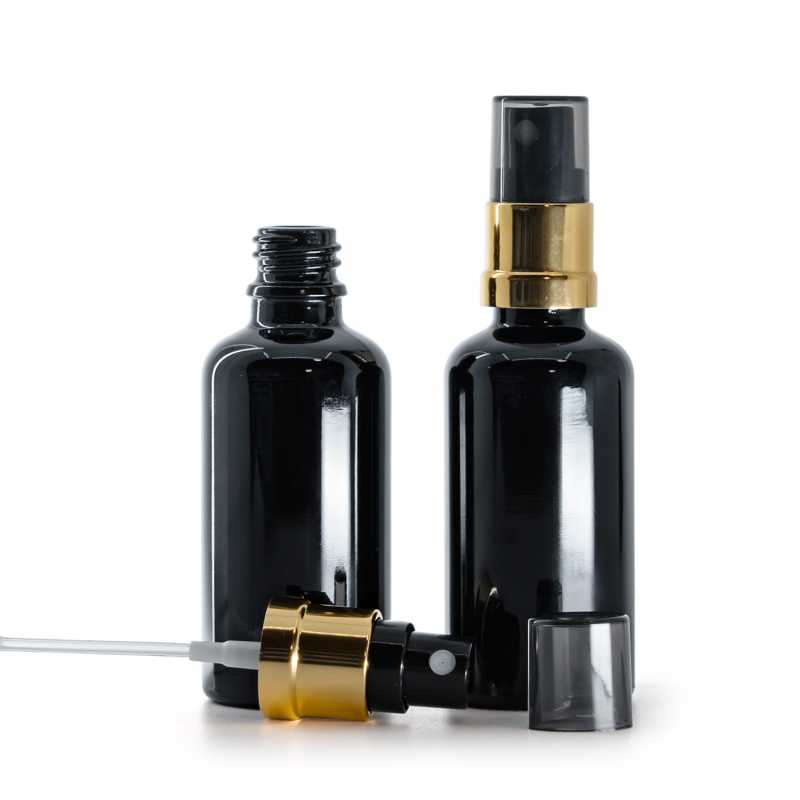 Frasco de vidrio negro brillante, pulverizador negro y dorado, sobretapa ahumada, 50 ml