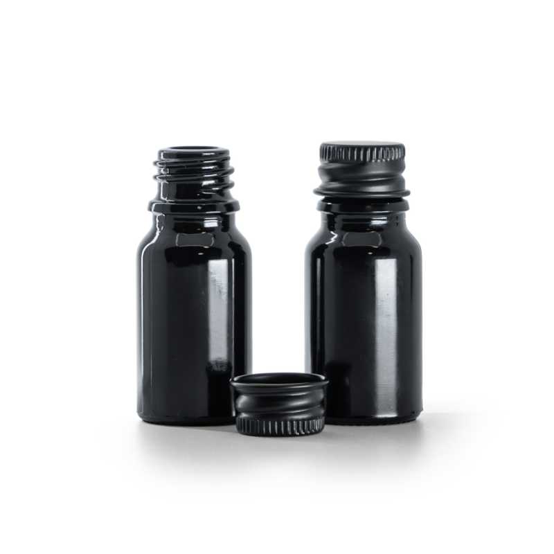 Botella de vidrio, negro brillante, tapón de aluminio negro, 10 ml