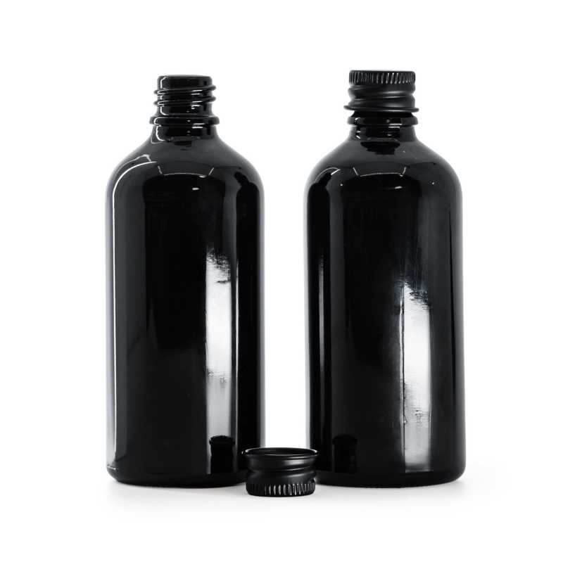 Botella de vidrio, negro brillante, tapón de aluminio negro, 100 ml