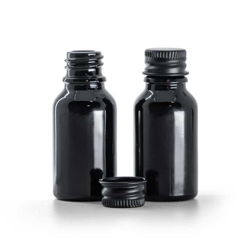 Frasco de vidrio, negro brillante, tapón de aluminio negro, 15 ml
