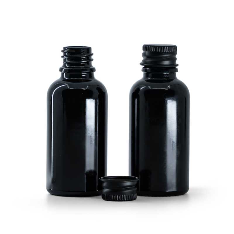 Botella de vidrio, negra brillante, tapón de aluminio negro, 30 ml