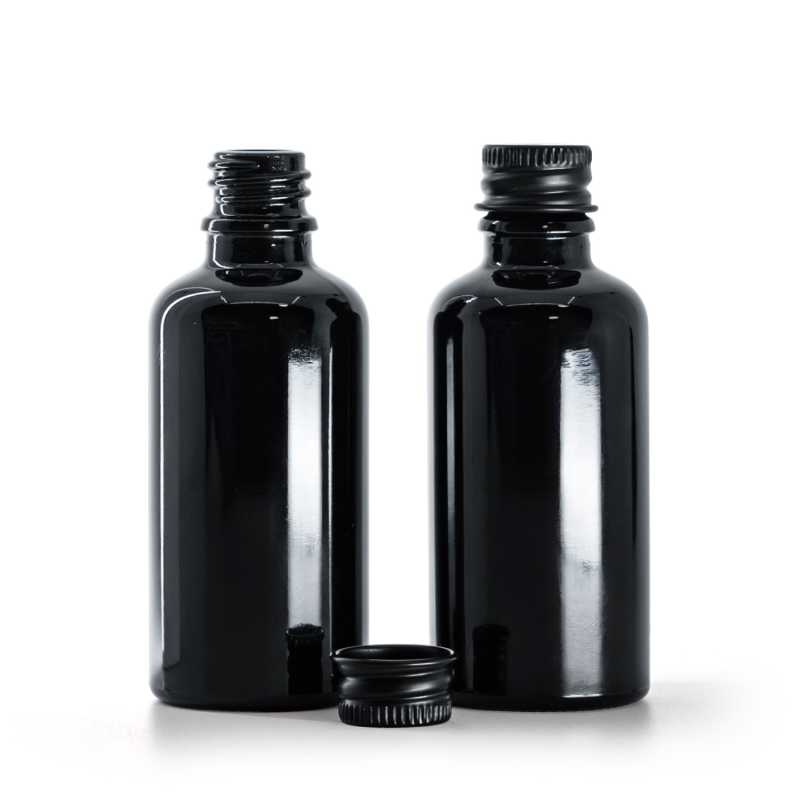 Frasco de vidrio, negro, tapón de aluminio negro, 50 ml