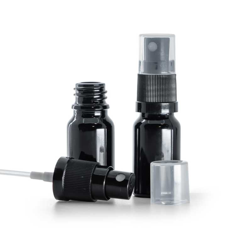 Botella de vidrio, negro brillante, pulverizador, 10 ml