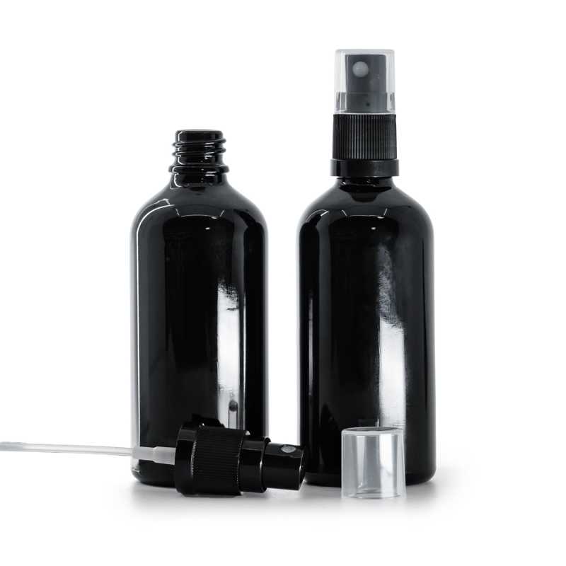 Botella de vidrio, negro brillante, pulverizador, 100 ml