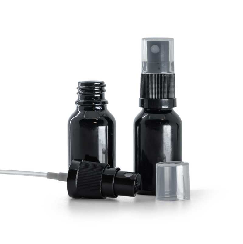 Botella de vidrio, negra brillante, pulverizador negro, 15 ml