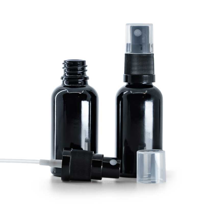 Botella de vidrio, negra, pulverizador, 30 ml