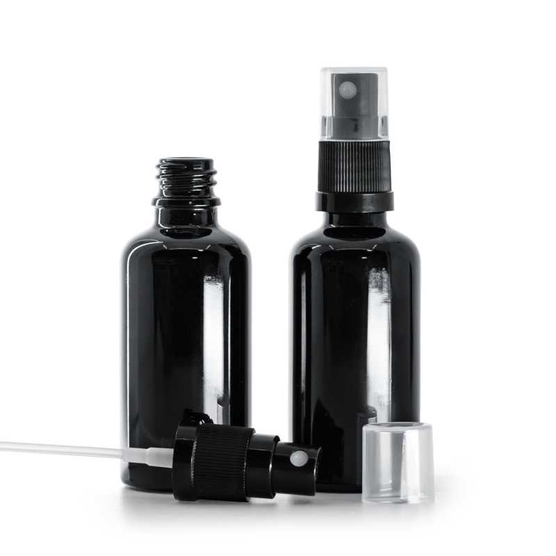 Botella de vidrio, negra, pulverizador, 50 ml