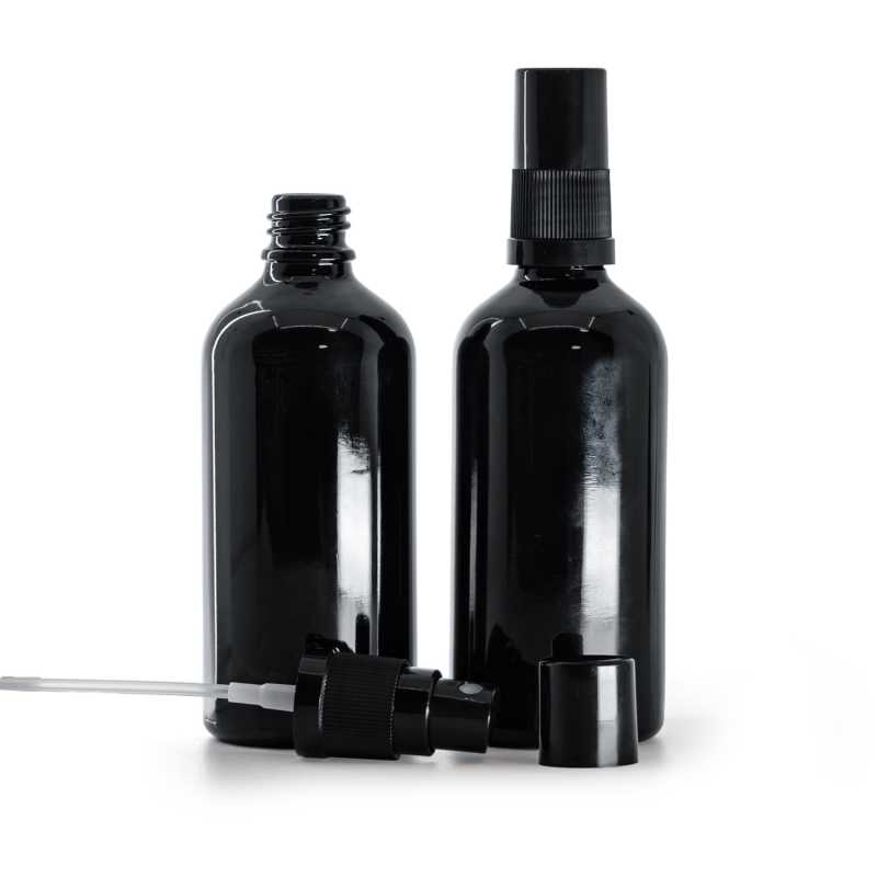 Botella de vidrio, negra brillante, pulverizador, negro, 100 ml