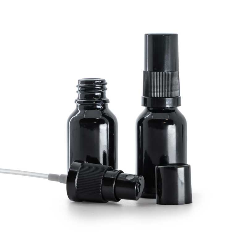 Botella de vidrio, negra brillante, pulverizador, tapa, 15 ml