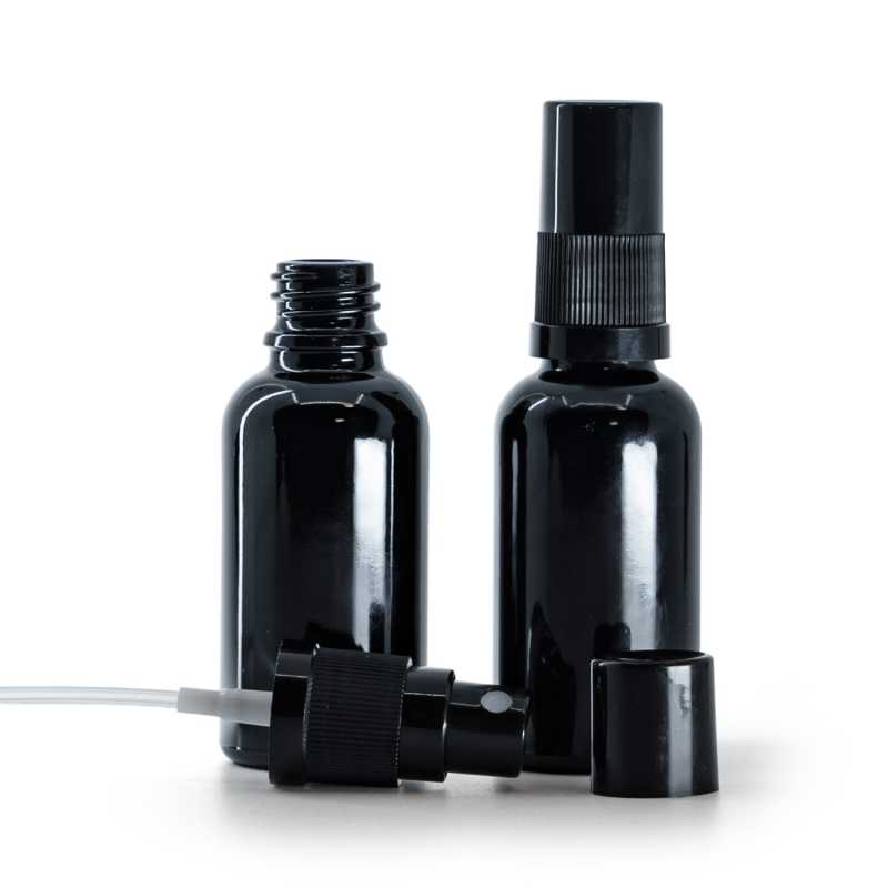 Botella de vidrio negro brillante, pulverizador, tapón negro, 30 ml
