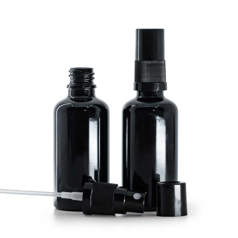 Botella de vidrio, negra brillante, pulverizador, negro, 50 ml