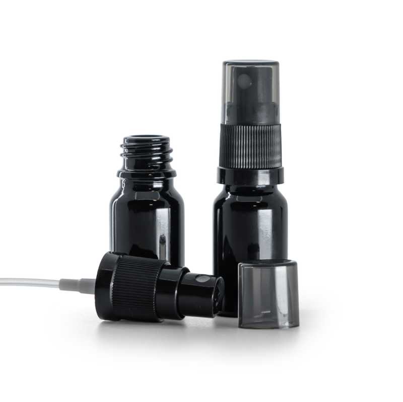 Frasco de vidrio negro brillante, pulverizador negro de bruma fina, sobretapa ahumada, 10 ml