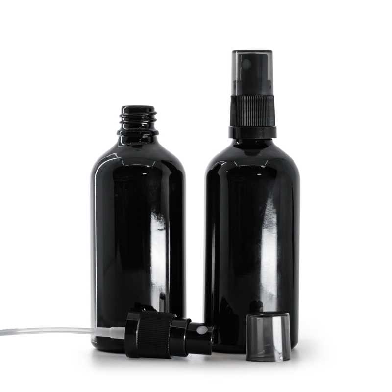 Frasco de vidrio negro brillante, pulverizador negro de niebla fina, sobretapa ahumada, 100 ml
