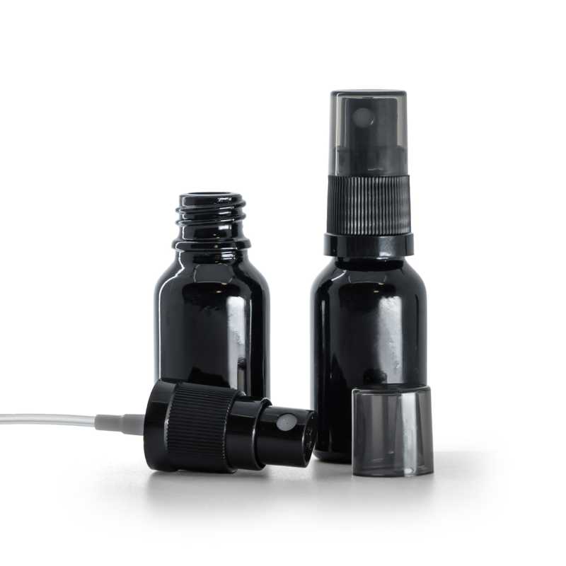 Frasco de vidrio negro brillo, pulverizador negro de bruma fina, sobretapa ahumada, 15 ml