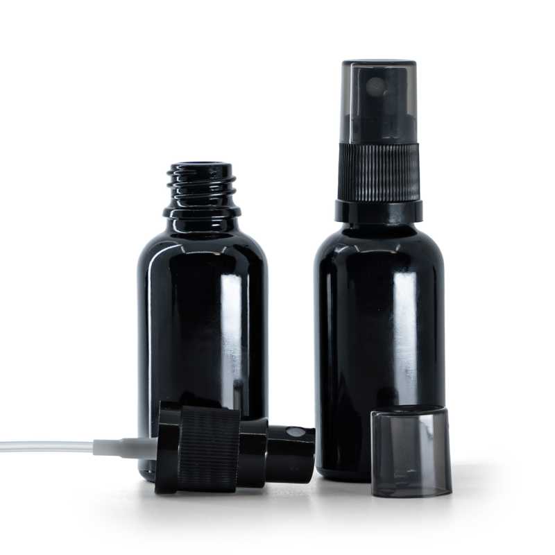 Frasco de vidrio negro brillante, pulverizador negro de bruma fina, sobretapa ahumada, 30 ml