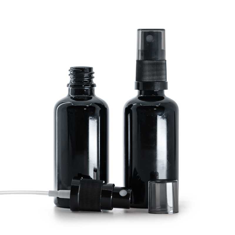 Frasco de vidrio negro brillante, pulverizador negro de bruma fina, sobretapa ahumada, 50 ml