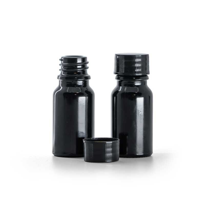 Botella de vidrio, negra brillante, tapón negro, 10 ml