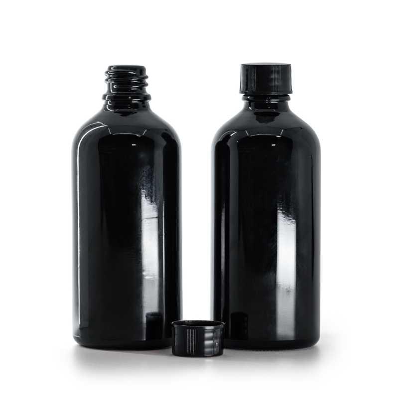 Frasco de vidrio, negro, 100 ml, tapa negra