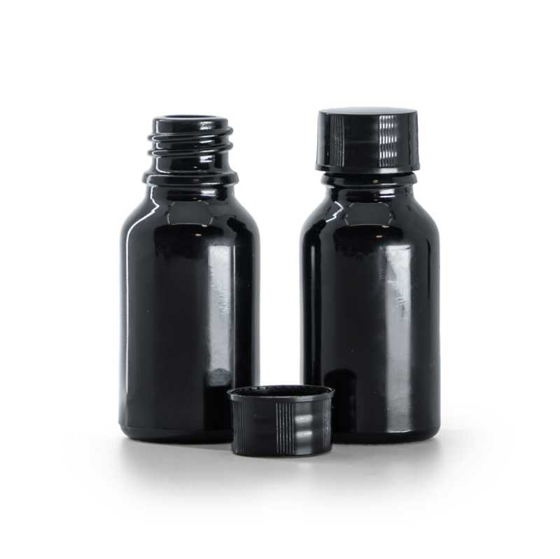 Botella de vidrio, negra brillante, tapón negro, 15 ml