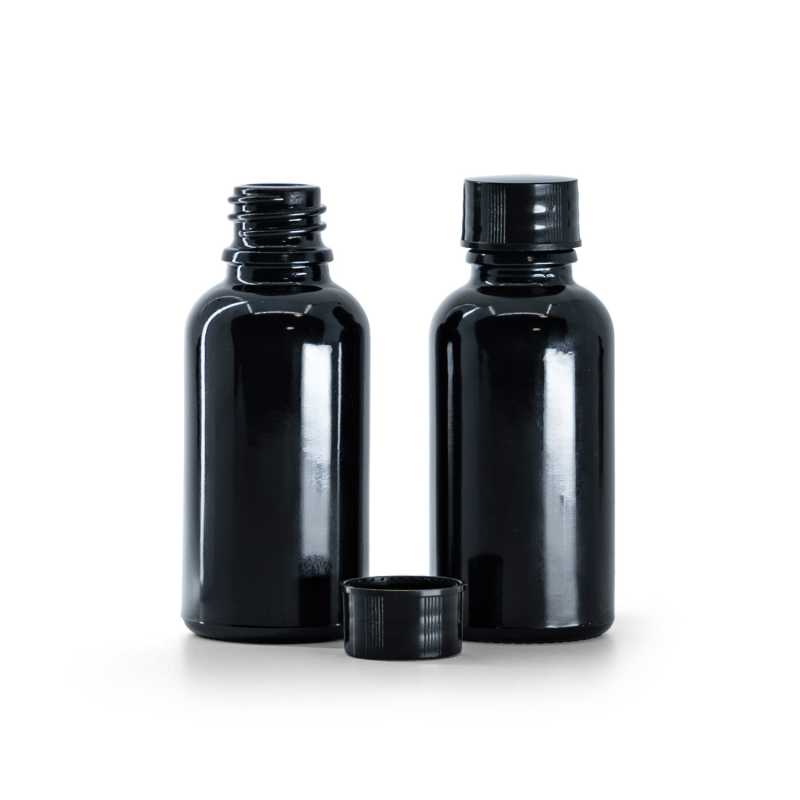 Botella de vidrio, negra brillante, tapón negro, 30 ml