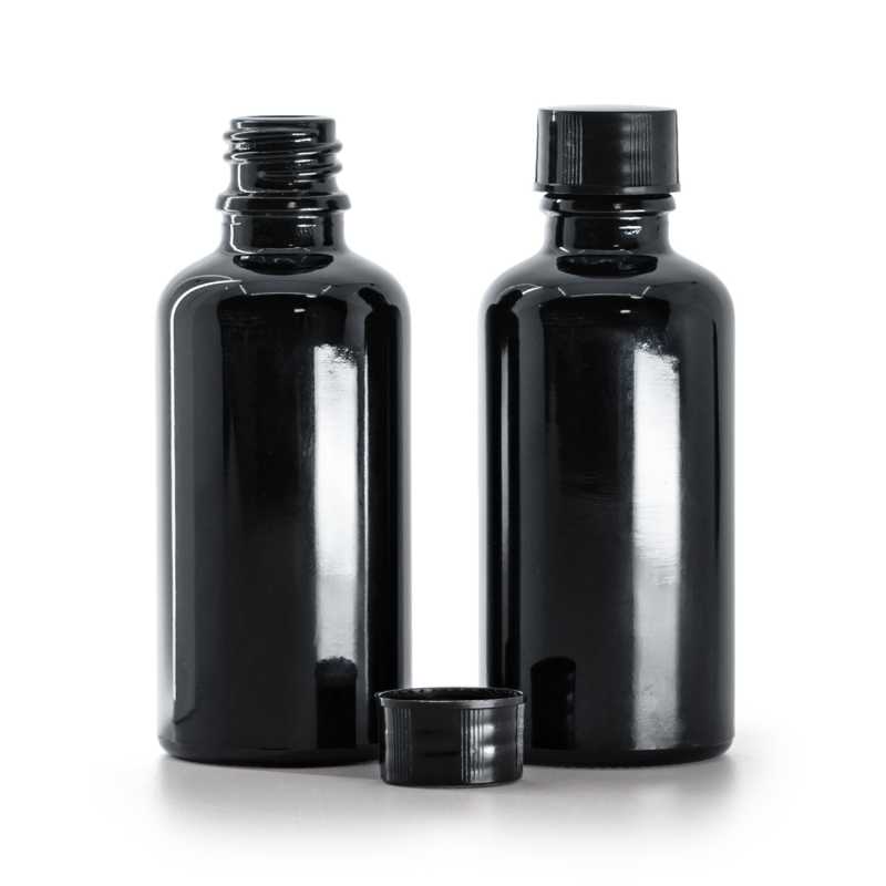 Frasco de vidrio, negro, 50 ml, tapón negro