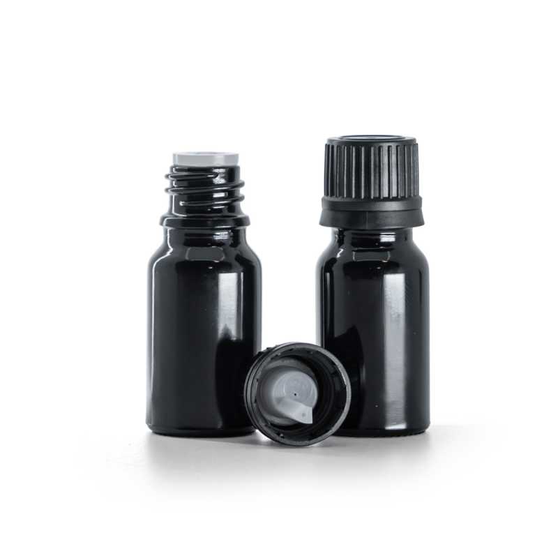 Frasco de vidrio negro brillante, tapón negro con cuentagotas interior, 10 ml