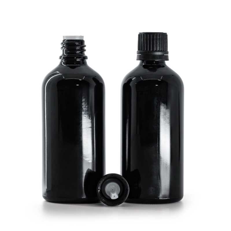 Frasco de vidrio negro brillante, tapón negro con cuentagotas, 100 ml