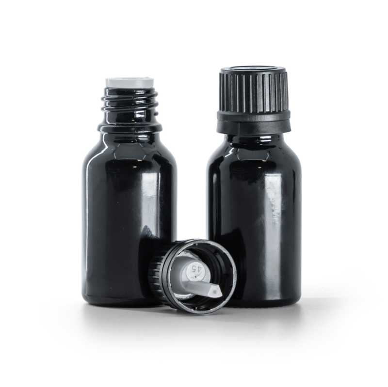 Frasco de vidrio negro brillante, tapón negro con cuentagotas interior, 15 ml