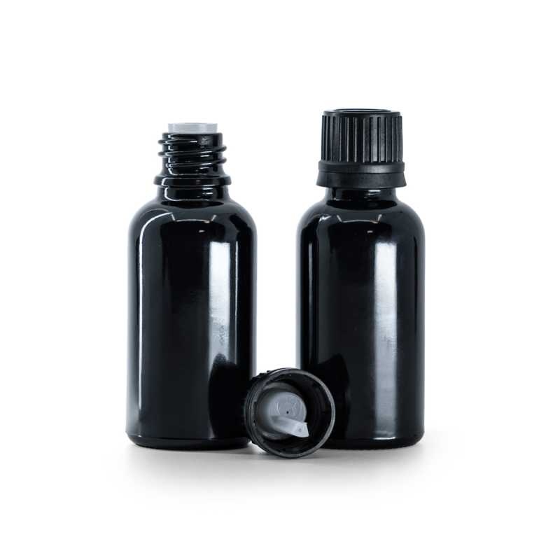 Frasco de vidrio negro brillante, tapón negro con cuentagotas, 30 ml