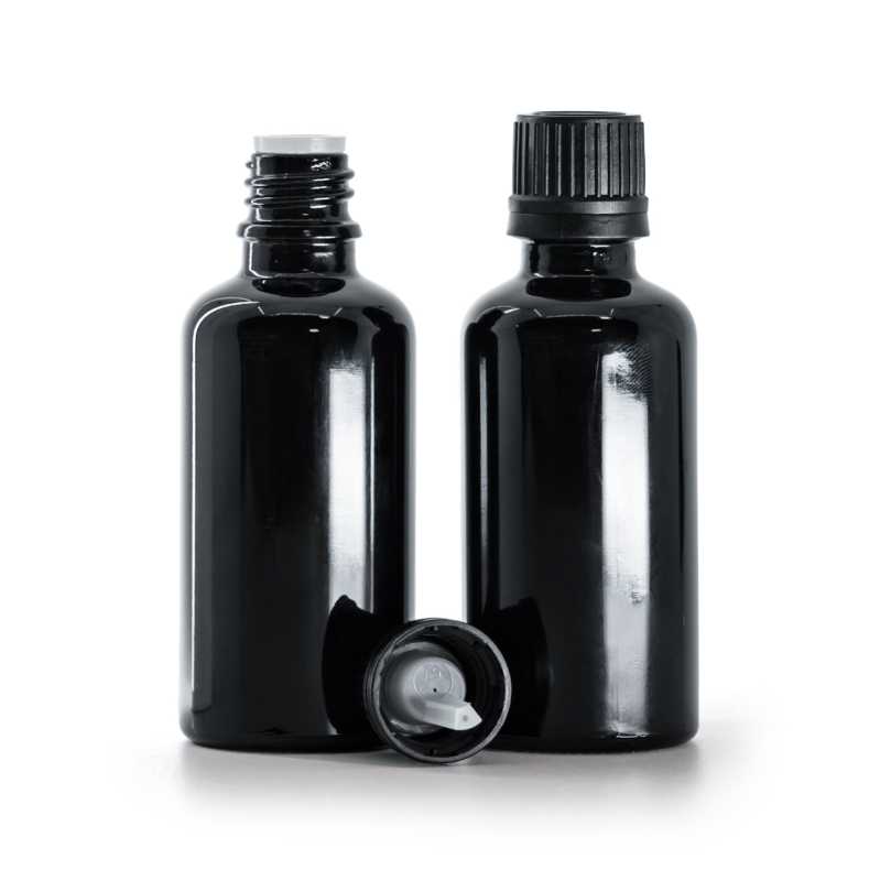 Frasco de vidrio negro brillante, tapón negro con cuentagotas, 50 ml