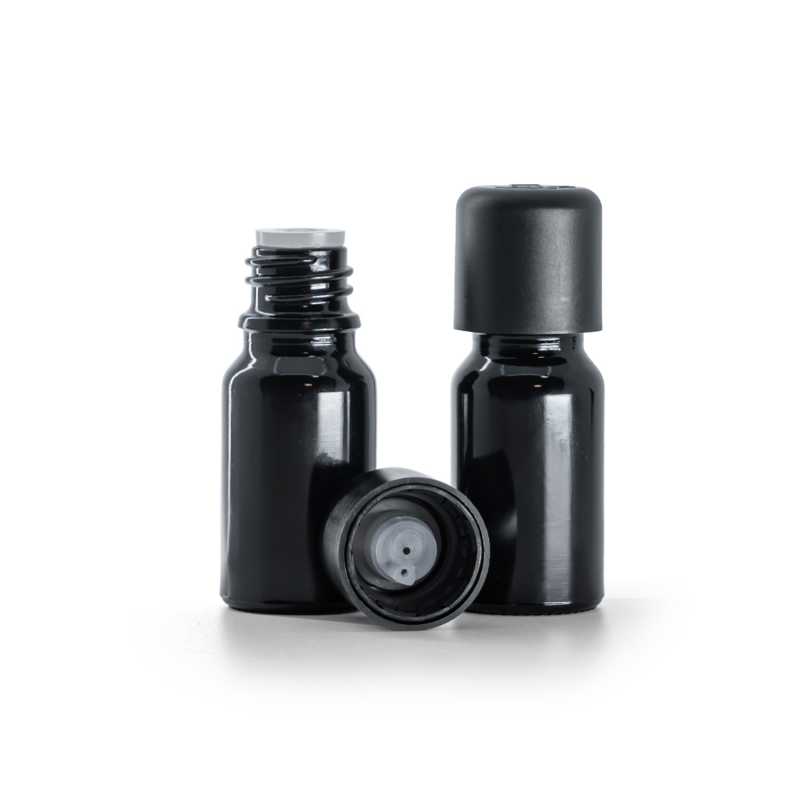 Frasco de vidrio, negro brillante, tapón de seguridad inviolable con cuentagotas, 10 ml