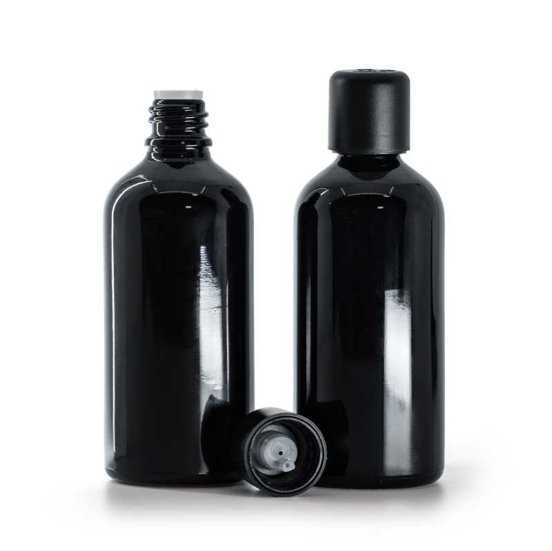 Frasco de vidrio, negro, tapón de seguridad inviolable con cuentagotas, 100 ml