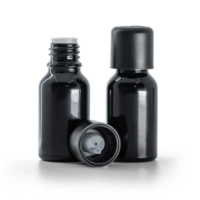 Botella de vidrio, negro brillante, tapón de seguridad inviolable con gotero, 15 ml