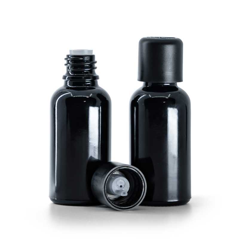 Frasco de vidrio, negro brillante, tapón de seguridad inviolable con cuentagotas, 30 ml