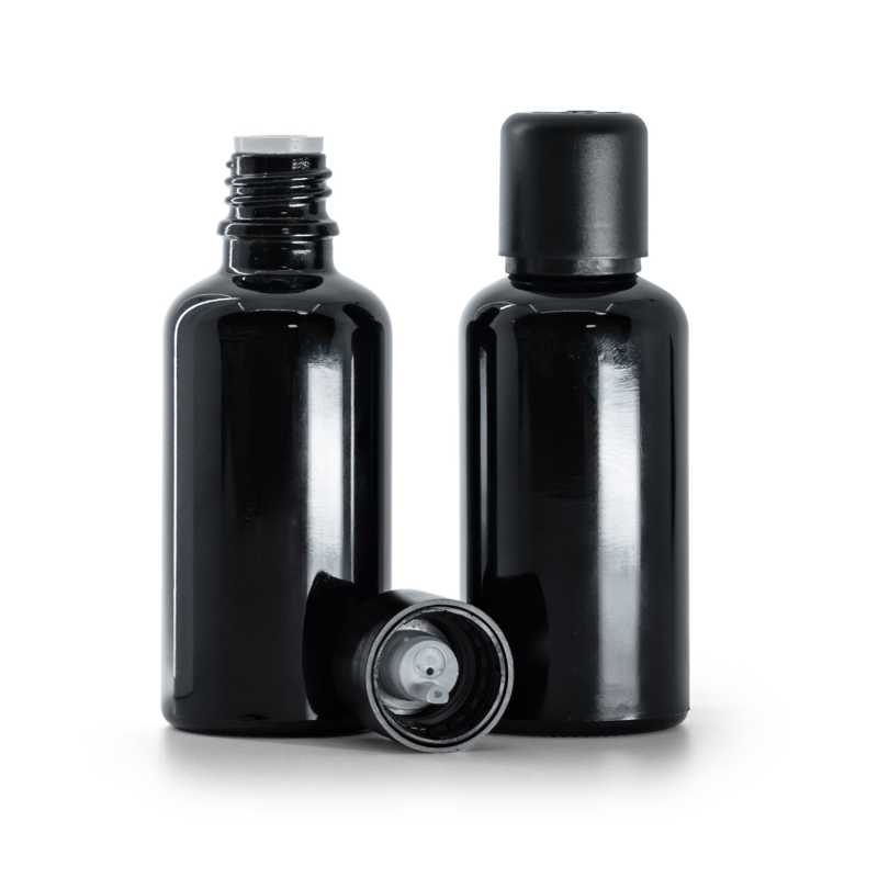 Envase de vidrio, negro brillante, tapón de seguridad inviolable con cuentagotas, 50 ml