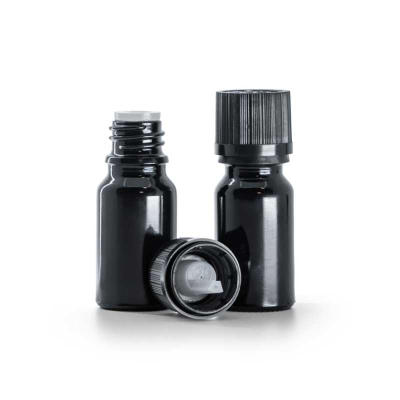 Botella de vidrio, negro brillo, tapón de seguridad inviolable estriado, 10 ml