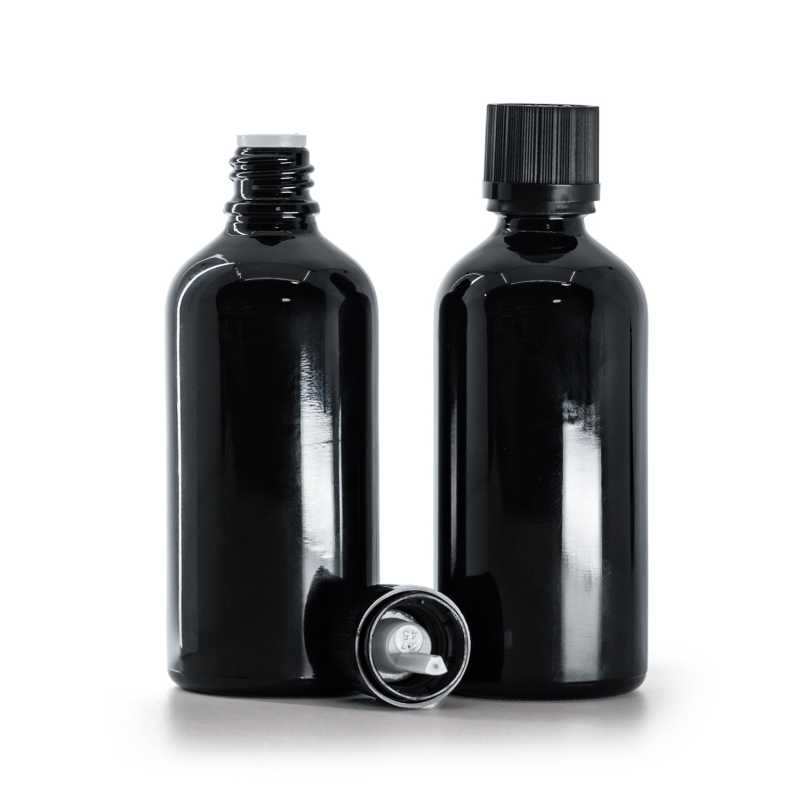 Botella de vidrio, negro brillante, tapón de seguridad negro con cuentagotas, 100 ml