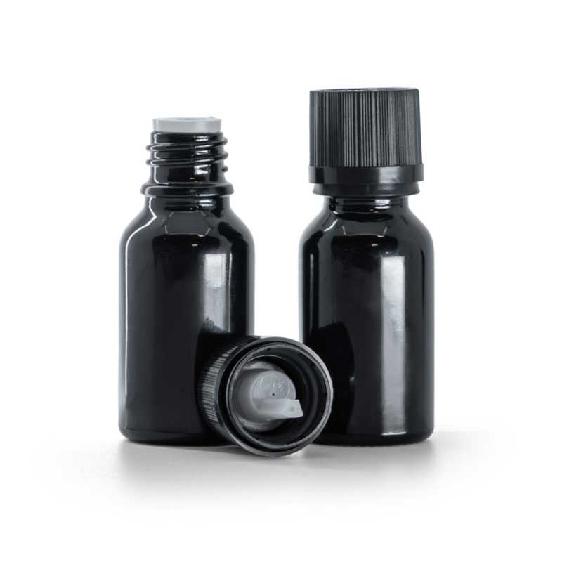 Frasco de vidrio, negro brillante, tapón de seguridad negro con cuentagotas, 15 ml