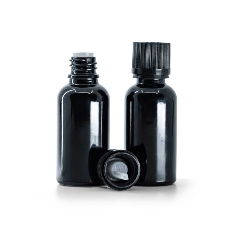 Botella de vidrio, negra brillante, tapón de seguridad negro con gotero, 30 ml