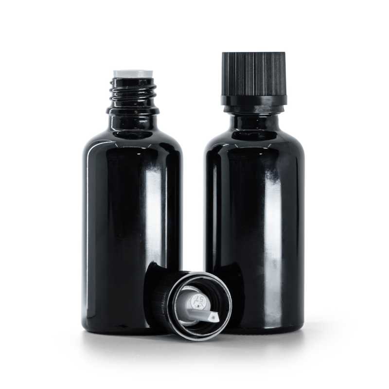 Botella de vidrio, negro brillante, tapón de seguridad negro con cuentagotas, 50 ml