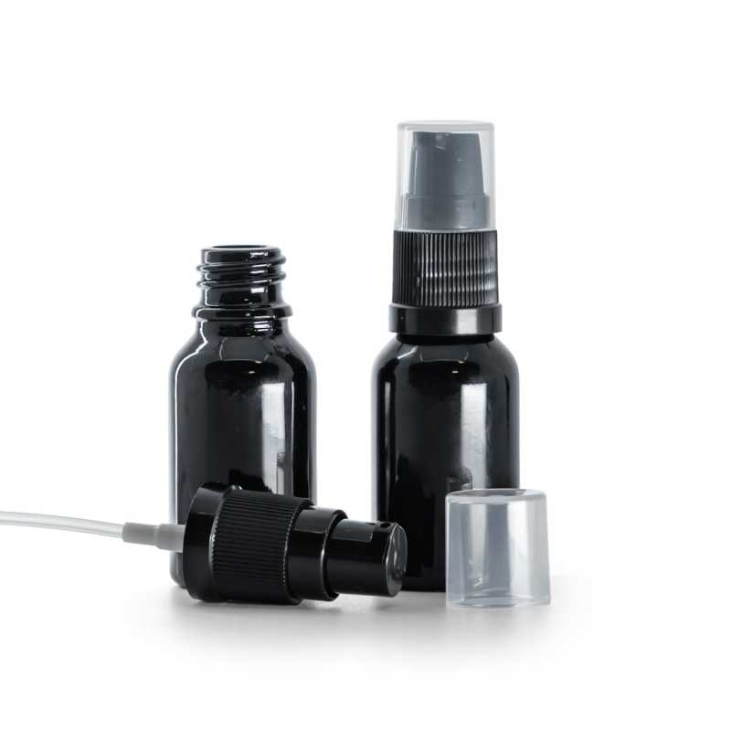 Botella de vidrio, negra brillante, dispensador de loción, 15 ml