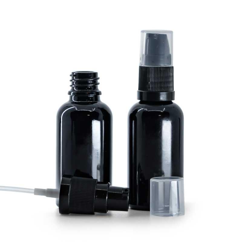 Botella de vidrio, bomba loción, negro brillante, 30 ml