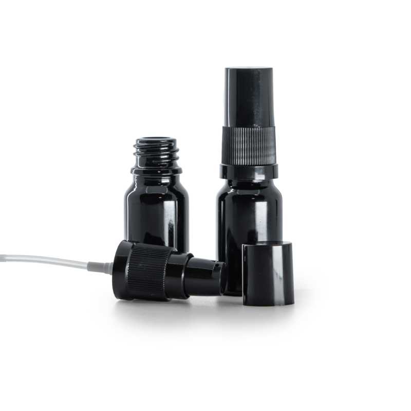 Botella de vidrio, negra brillante, dispensador de loción con tapa negra, 10 ml