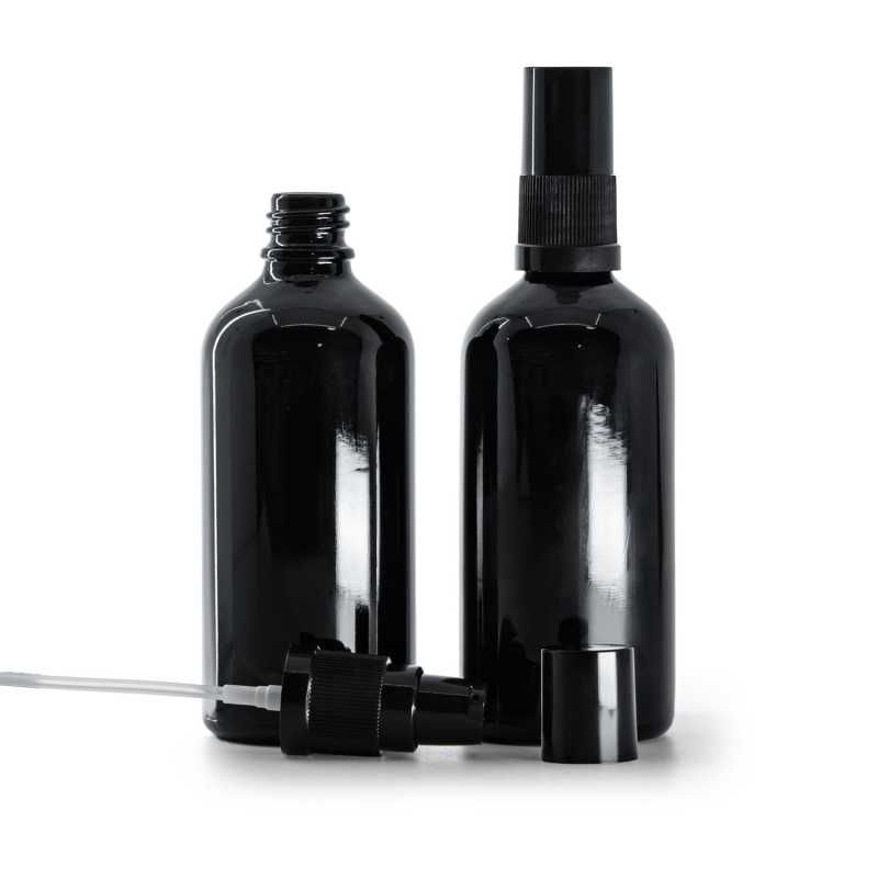 Frasco de vidrio, negro brillante, dispensador de loción, tapón negro, 100 ml