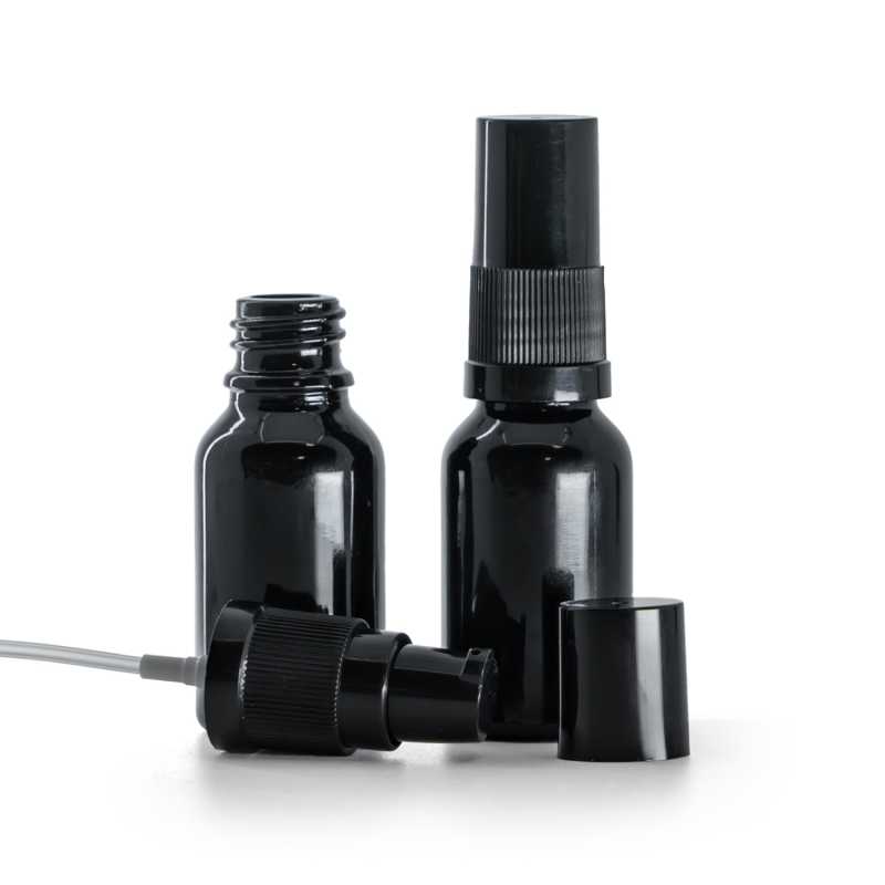 Botella de vidrio, negra brillante, dosificador de loción con tapa negra, 15 ml