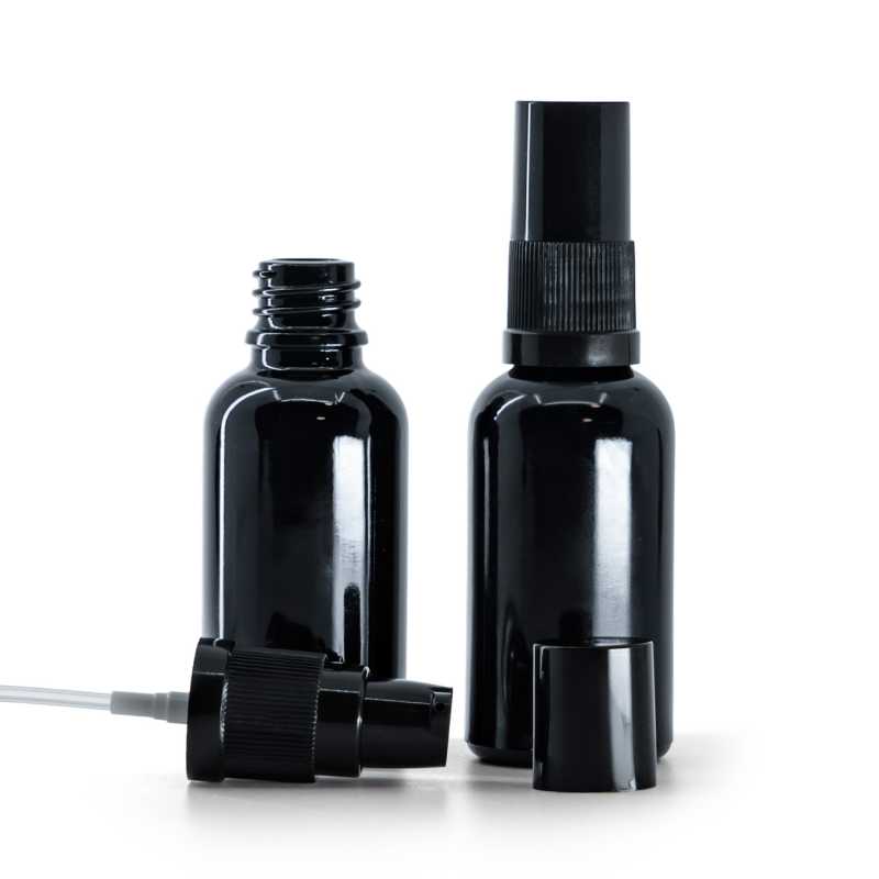 Envase de vidrio, negro brillo, dispensador de loción, 30 ml